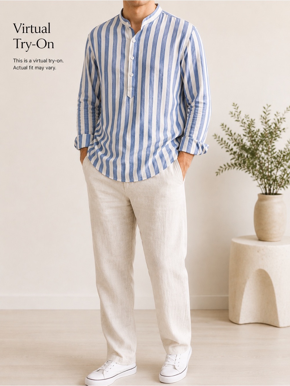 Zaful Blue and White Vertical Stripe Casual Button-Down Shirt